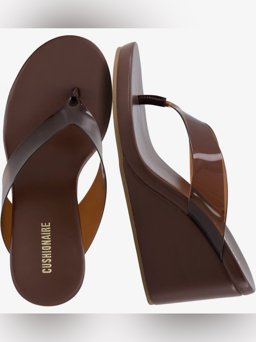 Cushionaire Women's Brown Wedge Thong Sandals with Glossy Strap